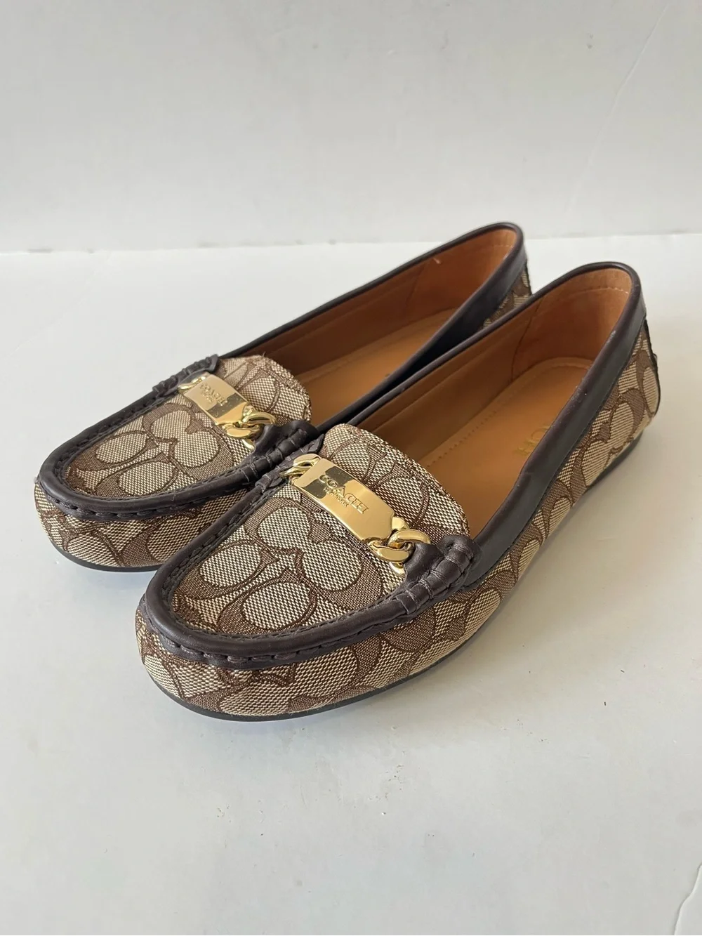 Coach olive Brown Signature logo Gold Hardware Canvas Driving Loafers size 7.5B